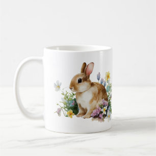 かわいいベビーバニー(小さな耳)花付き コーヒーマグカップ