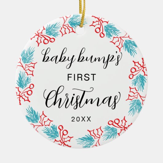 かわいいベビーバンプの初めてのクリスマスホリー セラミックオーナメント (正面)