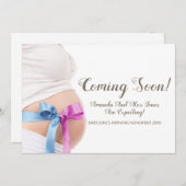 かわいいベビーバンプ来とリボンもうすぐ妊娠 案内状 (正面/裏面)
