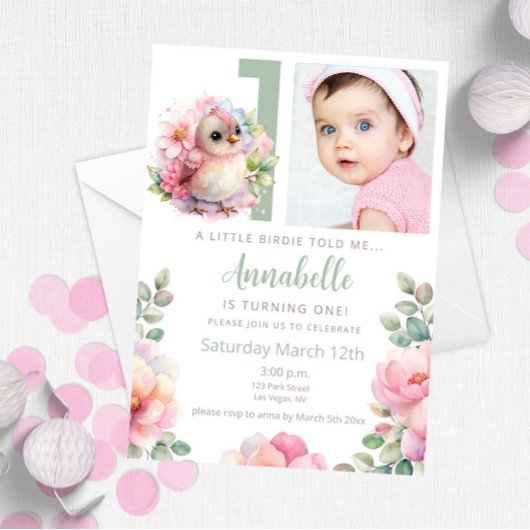 かわいいベビーバードワン歳の誕生日招待状 招待状