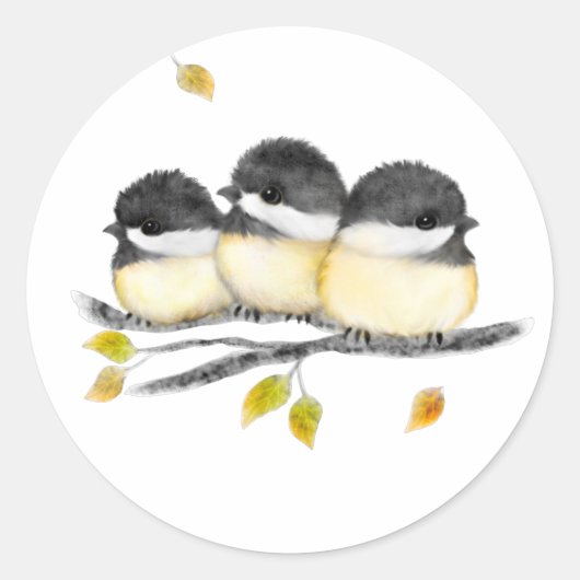 かわいいベビーバード3つの《鳥》アメリカゴガラオンツリーブランチ ラウンドシール (正面)