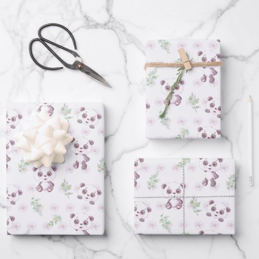 かわいいベビーパンダ花バルーン赤ちゃんシャワー ラッピングペーパーシート (正面)