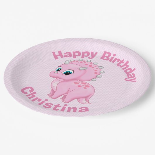 かわいいベビーピンクのトリケラトプス恐竜 ペーパープレート (アングル)
