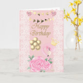 かわいいベビーピンクのフラミンゴ、ティアラ、風船の誕生日 カード (黄色い花)