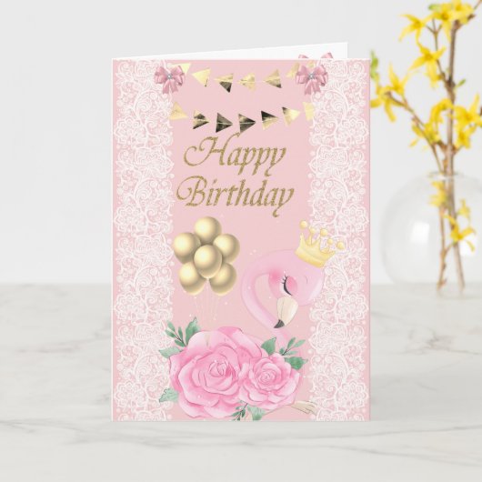 かわいいベビーピンクのフラミンゴ、ティアラ、風船の誕生日 カード (黄色い花)