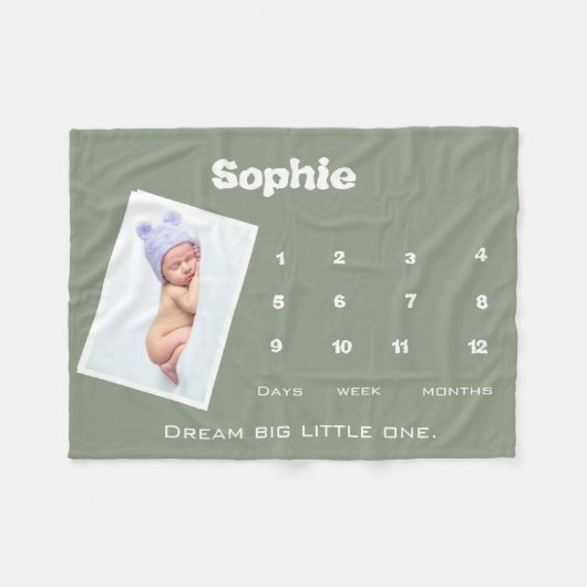 かわいいベビーフォトマイルストーン名のパーソナライズされたベビー フリースブランケット (正面(横))