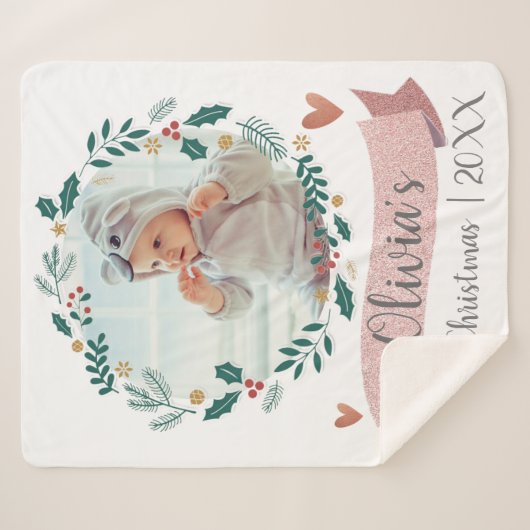 かわいいベビーフォト初めてのクリスマスピンクハートリース シェルパブランケット (正面(横))