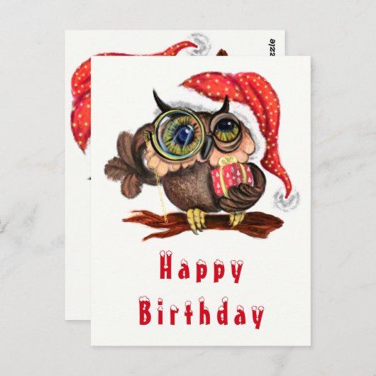 かわいいベビーフクロウのクリスマスハットとギフト – 誕生日 ポストカード (正面/裏面)