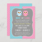 かわいいベビーフクロウテーマの性別公開パーティー 招待状 (正面/裏面)