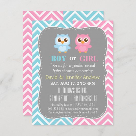 かわいいベビーフクロウテーマシェブロンジェンダーリビールパーティー 招待状 (正面/裏面)