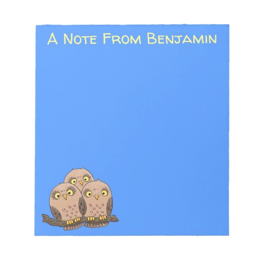 かわいいベビーフクロウトリオ漫画イラストレーション ノートパッド (正面)