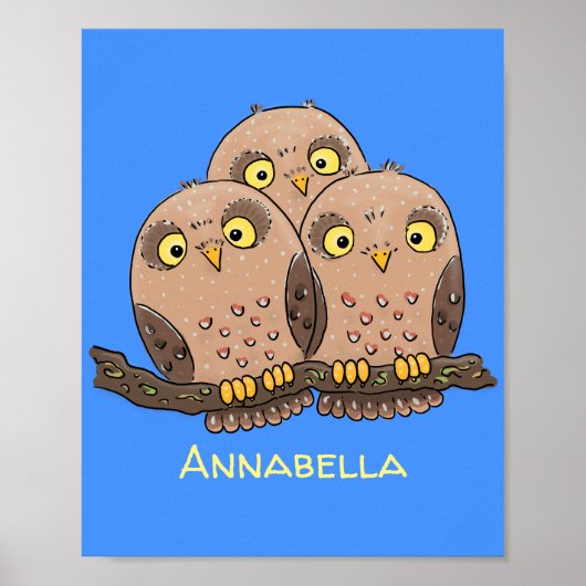 かわいいベビーフクロウトリオ漫画イラストレーション ポスター (正面)