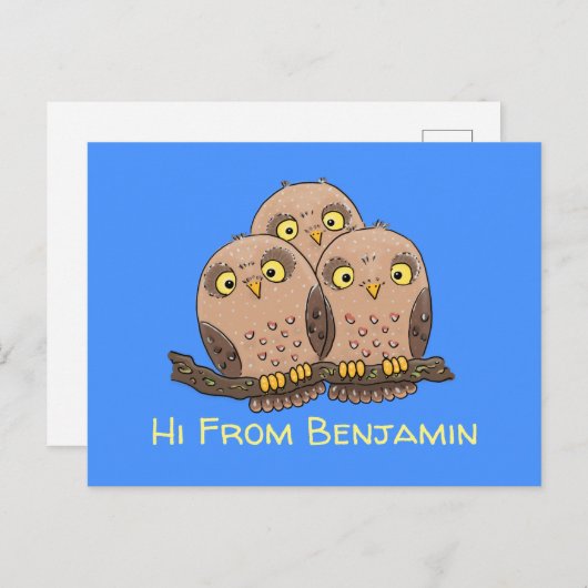 かわいいベビーフクロウトリオ漫画イラストレーション ポストカード (正面/裏面)