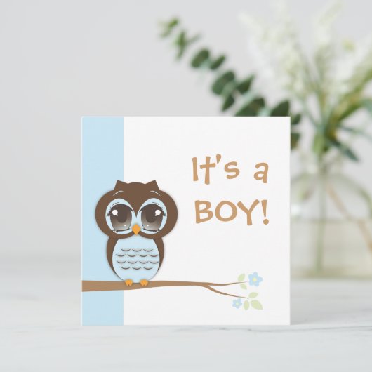 かわいいベビーフクロウ男の子ベイビーシャワー招待状 招待状 (スタンド正面)