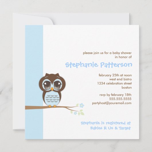 かわいいベビーフクロウ男の子ベイビーシャワー招待状 招待状 (裏面)