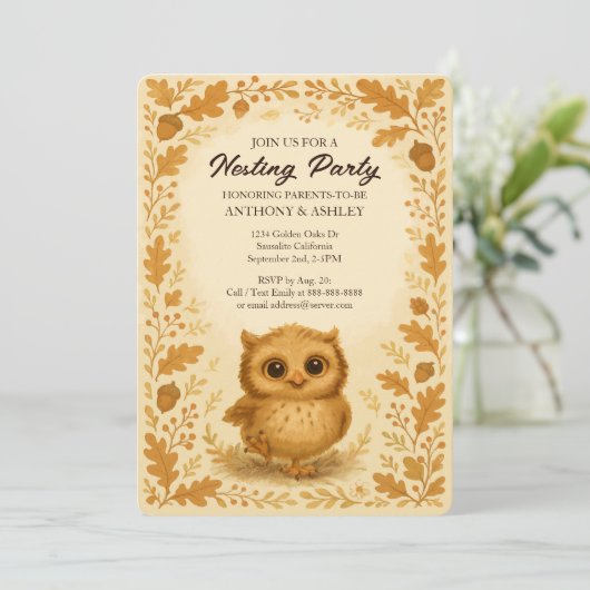 かわいいベビーフクロウ秋シャワーウッドランドネスティングパーティー 招待状 (スタンド正面)