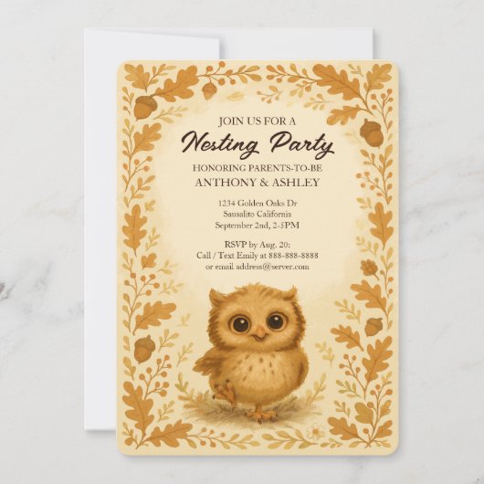 かわいいベビーフクロウ秋シャワーウッドランドネスティングパーティー 招待状 (正面)