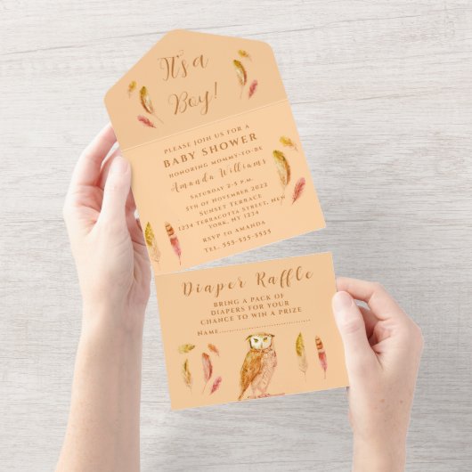 かわいいベビーフクロウ鳥の羽ボヘミアンウォーター色 オールインワン招待状 (貼ってはがせる)