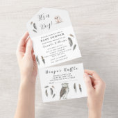 かわいいベビーフクロウ鳥の羽ボヘミアンウォーター色 オールインワン招待状 (貼ってはがせる)