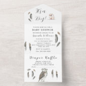 かわいいベビーフクロウ鳥の羽ボヘミアンウォーター色 オールインワン招待状 (内側)