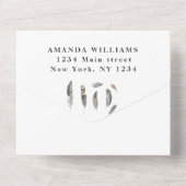 かわいいベビーフクロウ鳥の羽ボヘミアンウォーター色 オールインワン招待状 (裏面)