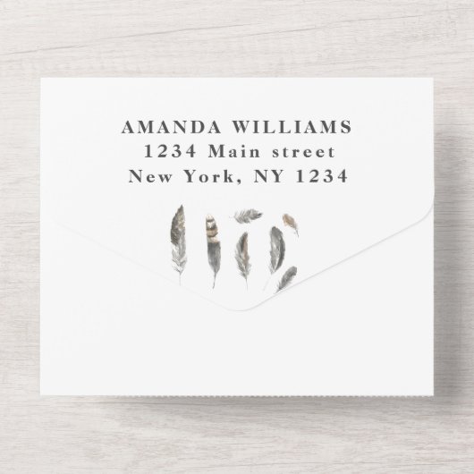 かわいいベビーフクロウ鳥の羽ボヘミアンウォーター色 オールインワン招待状 (裏面)