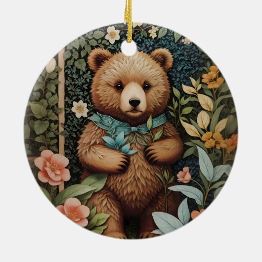 かわいいベビーブラウンベアーウィリアムモリスインスパイア セラミックオーナメント (裏面)