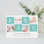 かわいいベビーブロックフォトコラージュ生まれたばかりのベビー |ティール(緑がかった色) 案内状 (スタンド正面)