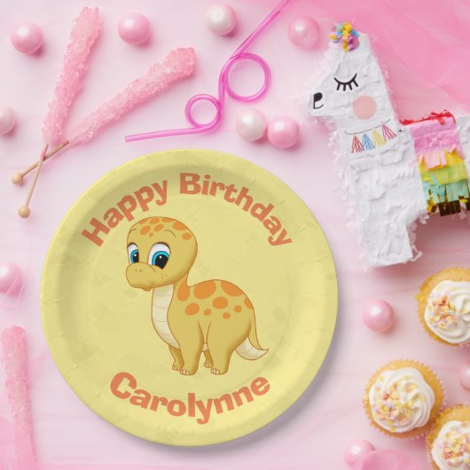 かわいいベビーブロントサウルス恐竜キュティサウルスイエロー ペーパープレート (パーティー)