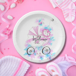 かわいいベビープラムアクアピンクウォーターカラーラインアート紙 ペーパープレート