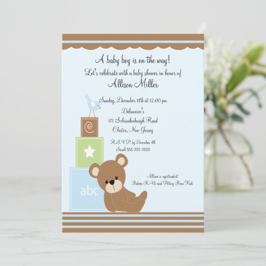 かわいいベビーベアが男の子のベビーシャワーを遮る 招待状 (スタンド正面)