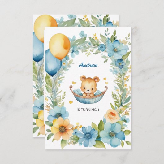 かわいいベビーベアイラストレーション誕生日招待状 招待状 (正面/裏面)