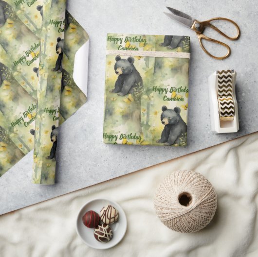 かわいいベビーベアニュートラルパーソナライズされた誕生日 ラッピングペーパー (クラフト)