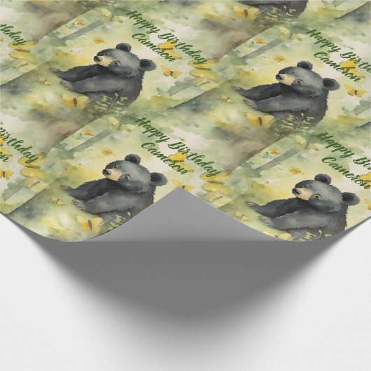 かわいいベビーベアニュートラルパーソナライズされた誕生日 ラッピングペーパー (角)