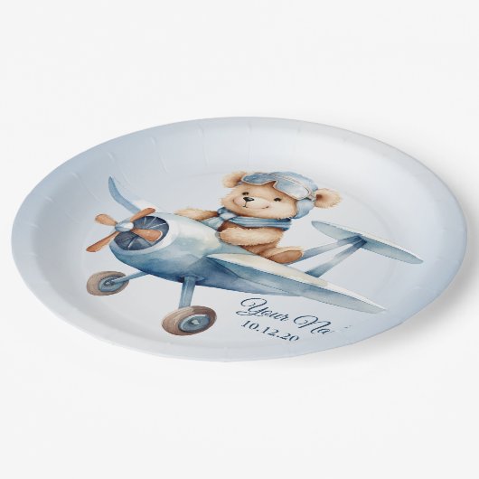 かわいいベビーベアパイロットブルー飛行機 ペーパープレート (アングル)
