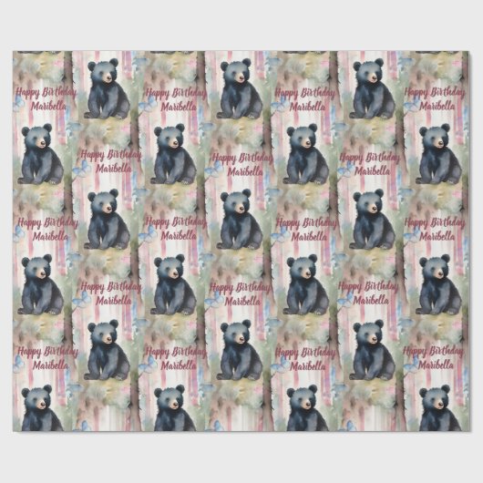 かわいいベビーベアーガールパーソナライズされた誕生日 ラッピングペーパー (フラット)
