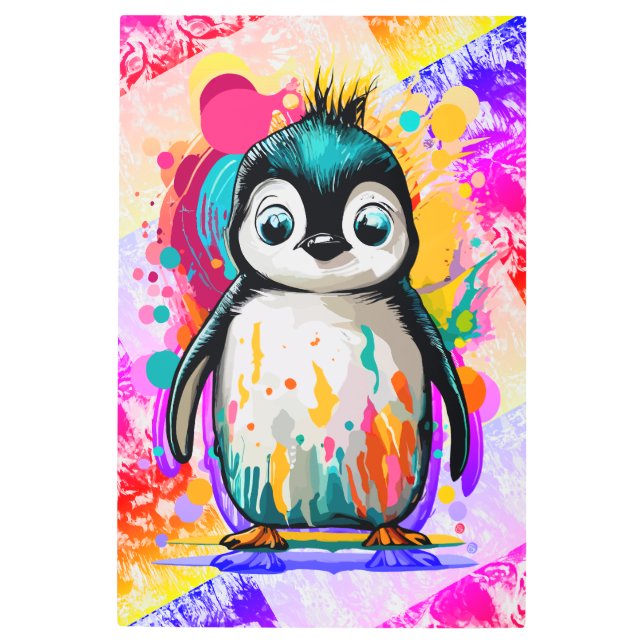 かわいいベビーペンギンカラフルペンギン絵を描ズ メタルプリント (正面)