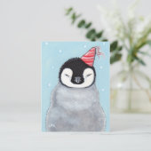 かわいいベビーペンギンパーティーハットを絵画着て ポストカード (スタンド正面)