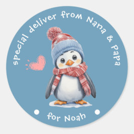 かわいいベビーペンギンブルークリスマスホリデ子供へィ ラウンドシール