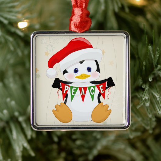 かわいいベビーペンギンホールディングピースバナー メタルオーナメント (ツリー)