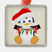 かわいいベビーペンギンホールディングピースバナー メタルオーナメント (正面)