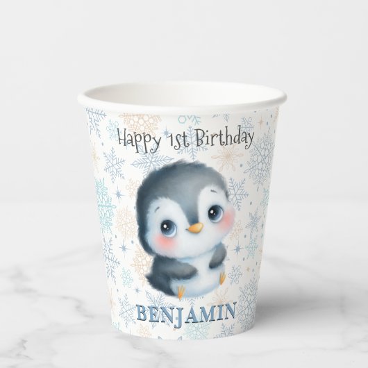 かわいいベビーペンギン1歳の誕生日の冬 紙コップ (正面)