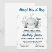 かわいいベビーホエールアホ航海のイベビーシャワー 招待状 (正面/裏面)