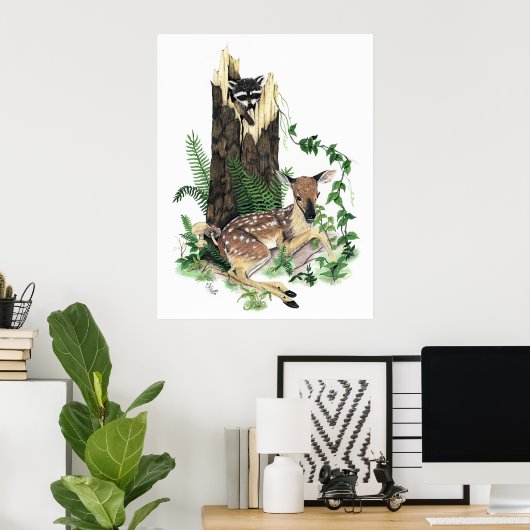 かわいいベビーホワイトテールディアファウンアンドラクーンプリント ポスター (ホームオフィス)