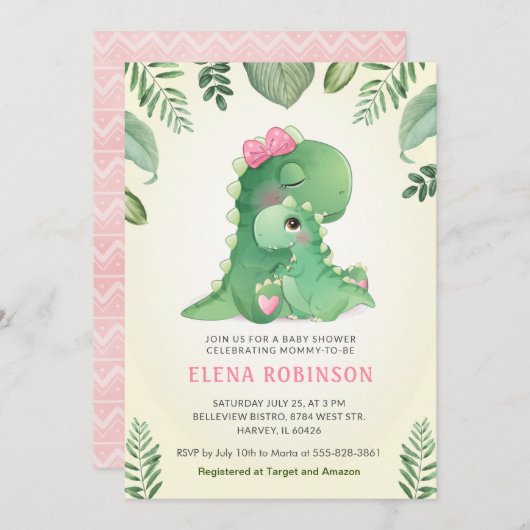 かわいいベビーママ恐竜の女の子の赤ちゃんシャワー散水 招待状 (正面/裏面)