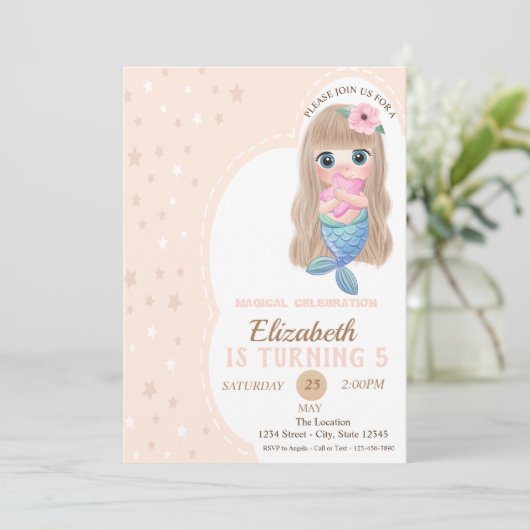 かわいいベビーマーメイドスターズ誕生日招待状 招待状 (スタンド正面)