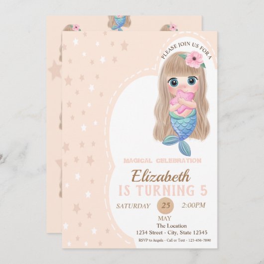かわいいベビーマーメイドスターズ誕生日招待状 招待状 (正面/裏面)