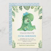 かわいいベビーモミー恐竜の男の子の赤ちゃんシャワー散水 招待状 (正面/裏面)