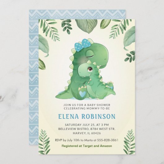 かわいいベビーモミー恐竜の男の子の赤ちゃんシャワー散水 招待状 (正面/裏面)