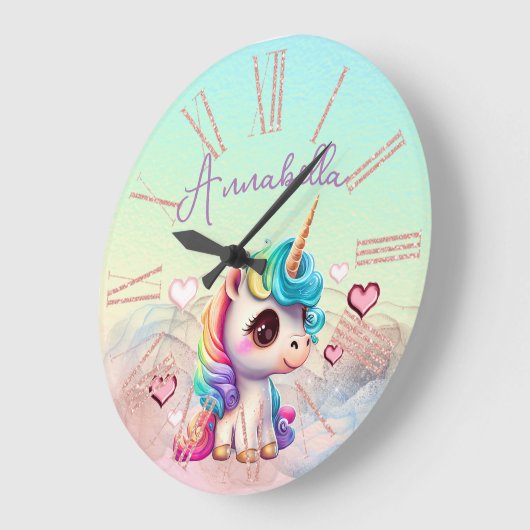 かわいいベビーユニコーンとハートズオンレインボー ラージ壁時計 (傾斜)